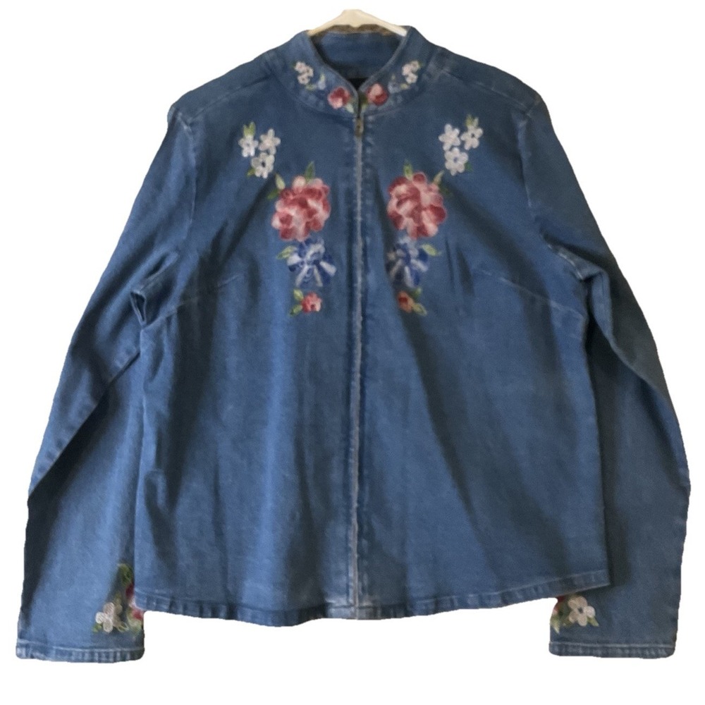 NWT DENIM & CO‎ Blue JEAN JACKET Shacket Embroidered FLOWERS Vines Boho Sz M